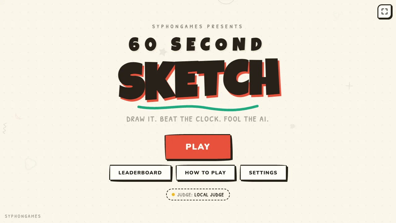 The 60 Second Sketch title: Draw it. Beat the clock. Fool the AI. With Play, Leaderboard, How to Play and Settings.
