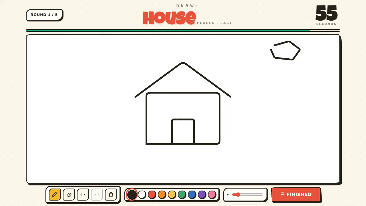 Round 1: the prompt is House, and a quick line drawing of a house takes shape with 55 seconds left.