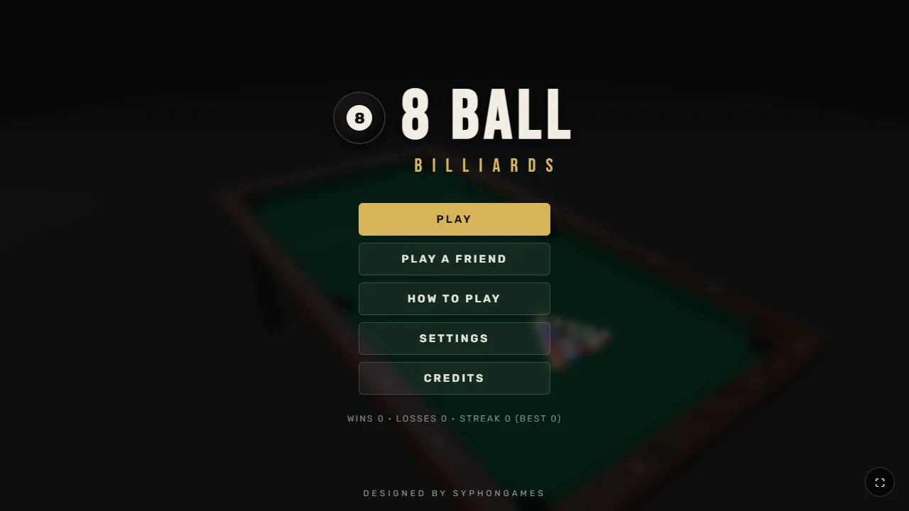 The 8 Ball Billiards main menu, with Play, Play a Friend, How to Play, Settings and Credits over a dim pool table.