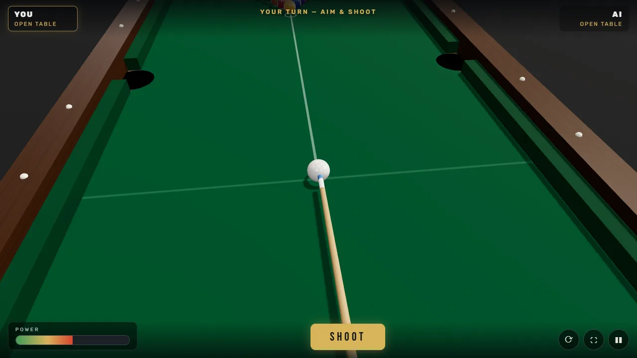 Your turn against the AI: the cue lined up behind the cue ball, with the power meter and Shoot button along the bottom.
