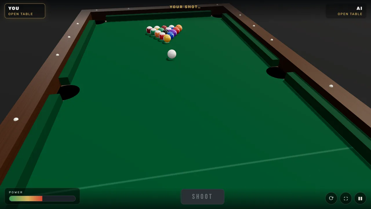 The whole table from the head end, with the racked balls waiting for the break.