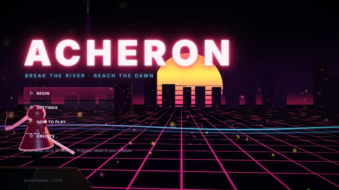 The Acheron title screen: neon lettering over a synthwave grid and a setting sun, with Begin, Settings, How to Play and Credits.