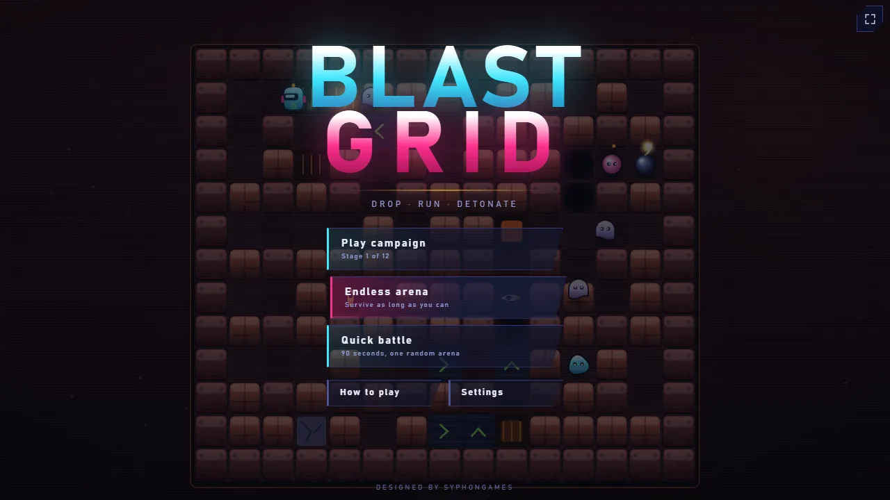 The Blast Grid main menu, with Play campaign, Endless arena, Quick battle, How to play and Settings.