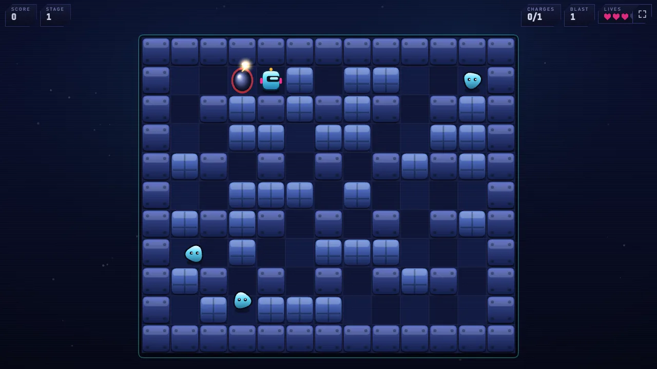 The first campaign stage: a grid of breakable blue blocks with the player and the enemies moving between them.