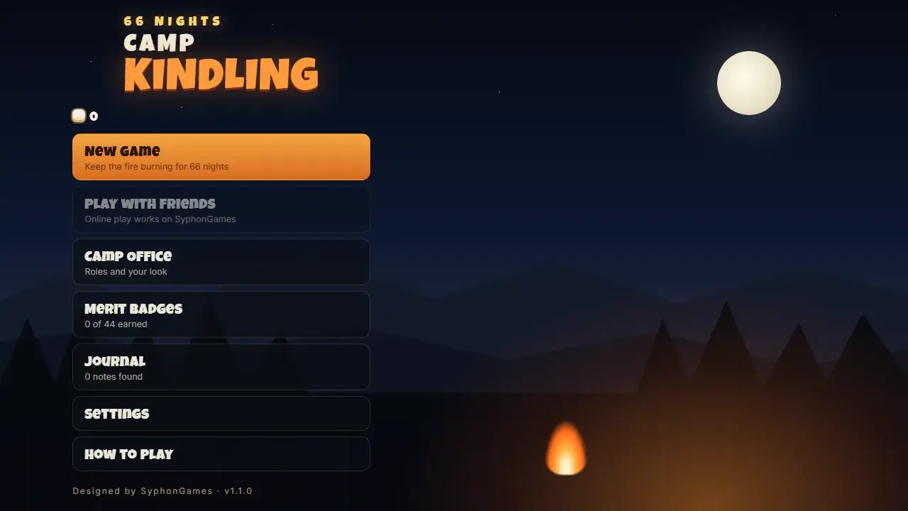 The Camp Kindling: 66 Nights title screen under a full moon, with New Game, Play with Friends, Camp Office, Merit Badges and Journal.