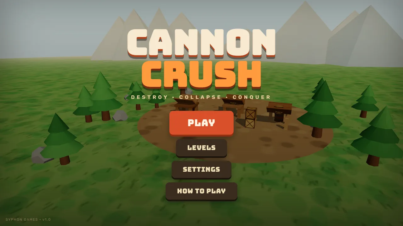 The Cannon Crush title over a grassy valley of pine trees, with Play, Levels, Settings and How to Play.