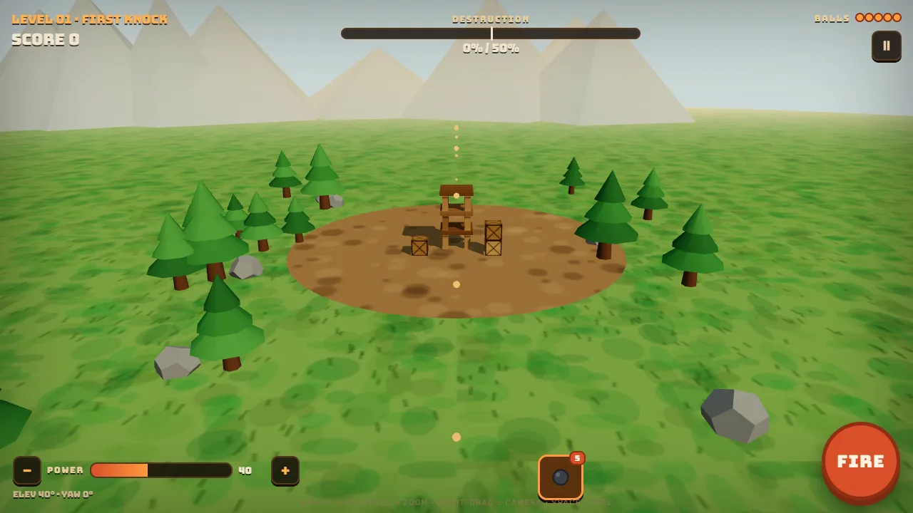 A wooden structure on a dirt clearing, seen from the cannon, with the power bar and Fire button along the bottom.