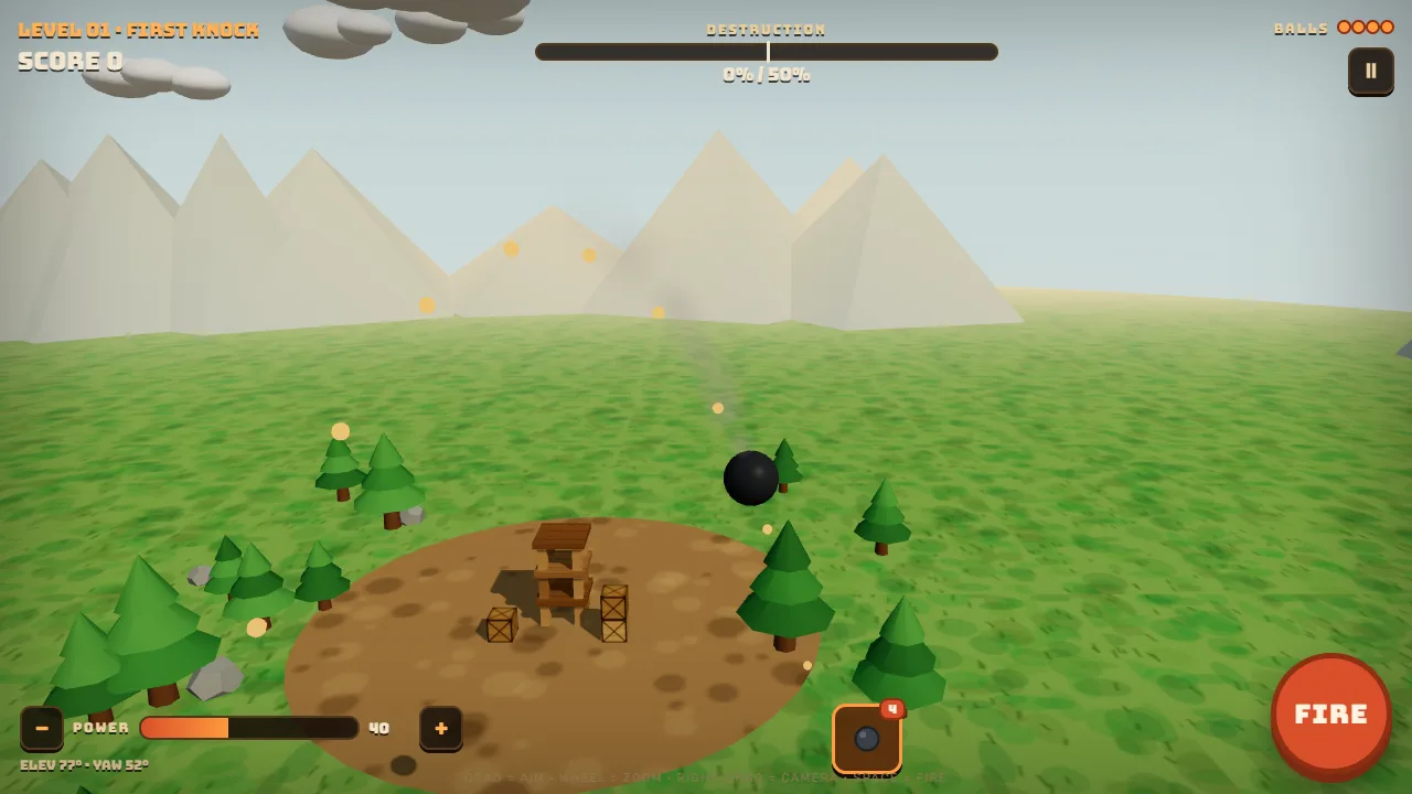 A cannonball in the air on its way to the wooden structure in the middle of the valley.