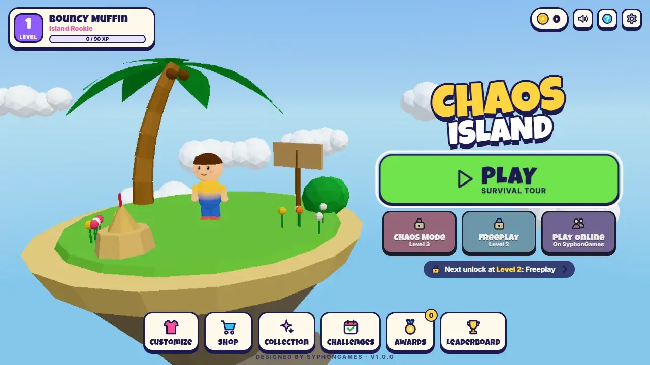 The Chaos Island menu: a character on a floating island with a palm tree, beside Play Survival Tour, Chaos Mode, Freeplay and Play Online.