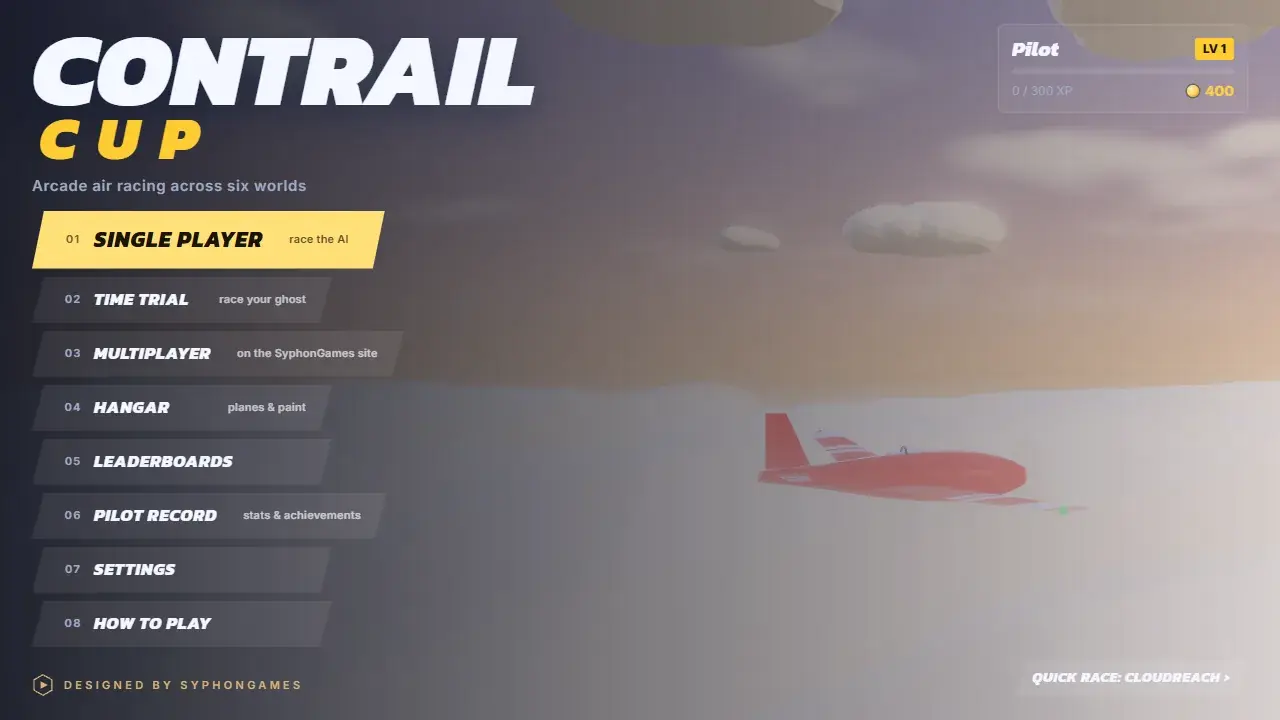The Contrail Cup menu: Single Player, Time Trial, Multiplayer, Hangar, Leaderboards and Pilot Record, with a red racing plane over the clouds.