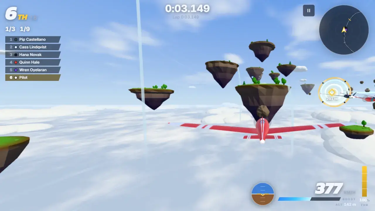 A red plane at 377 km/h weaving between floating rock islands above a sea of cloud, with the race order on the left.
