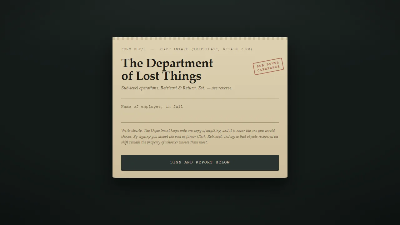 The Department of Lost Things employment card, waiting for your name and signature.
