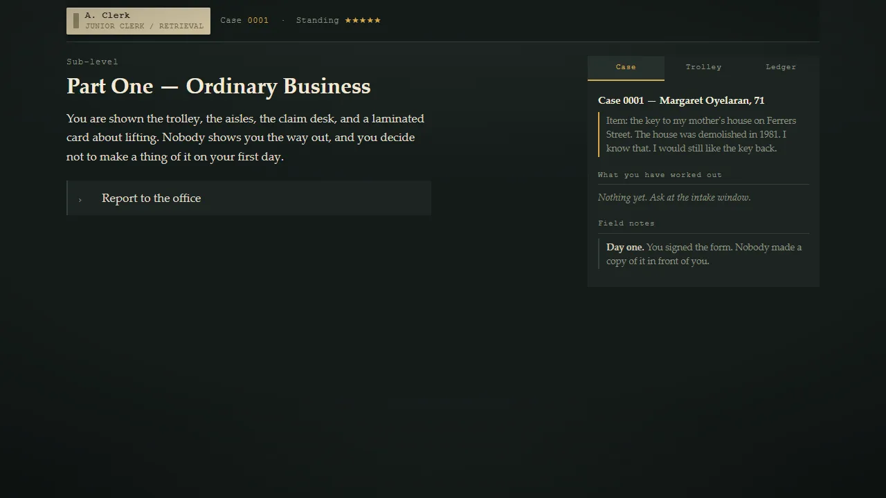 Part One, Ordinary Business: the opening narration, with the first case file on the right.