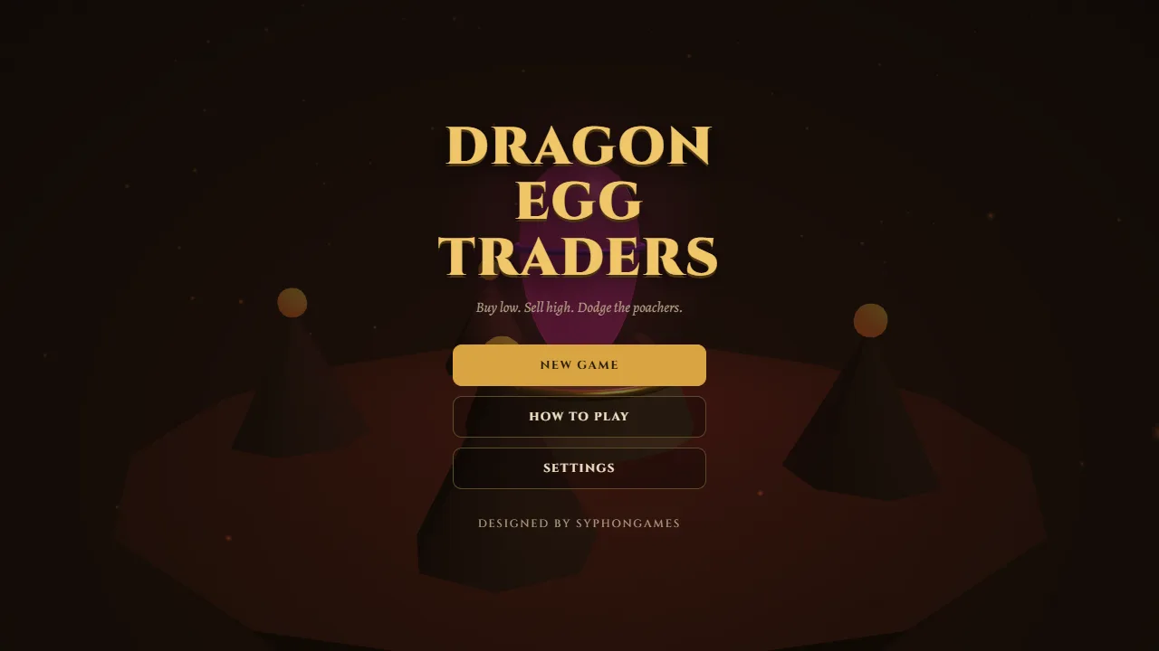 The Dragon Egg Traders title screen, with New Game, How to Play and Settings among dark volcanic rocks.
