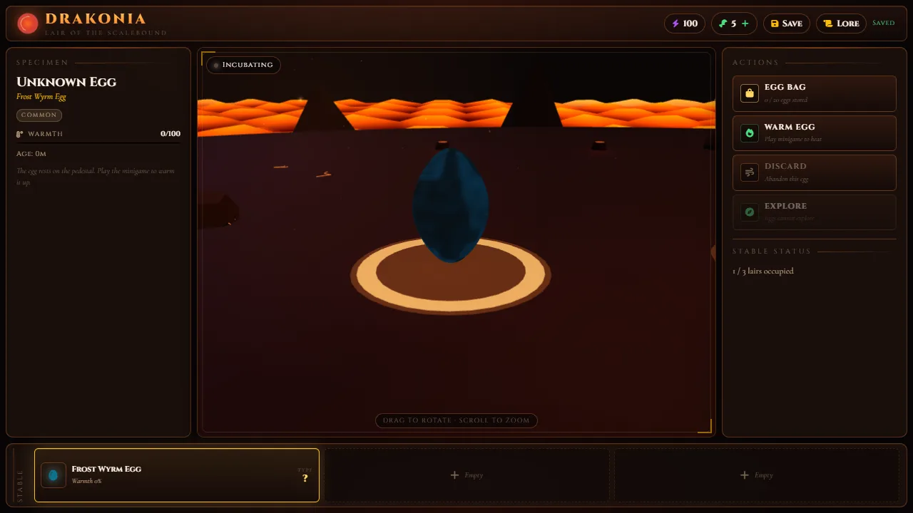 An unknown egg resting on a glowing nest in a lava-lit chamber, with its details on the left and the Egg Bag, Warm Egg, Discard and Explore options on the right.