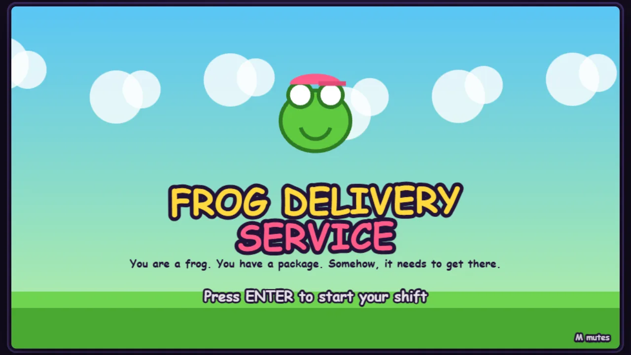 A smiling green frog above the Frog Delivery Service logo and the prompt to press Enter to start your shift.