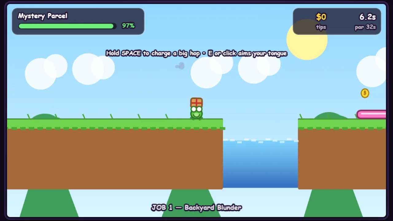 The frog carrying the parcel toward a gap over water, with a platform waiting on the far side.