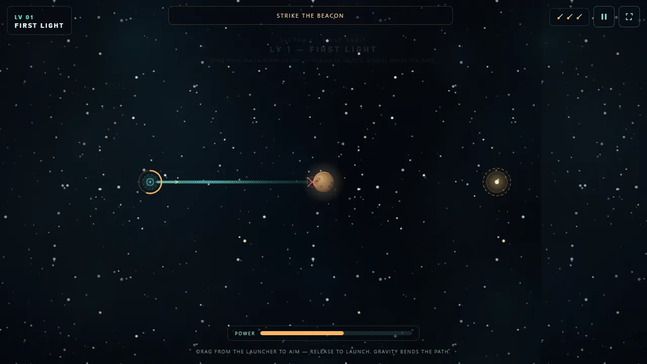 The first level, First Light: a shot lined up across open space past a planet, with the launch power bar at the bottom.