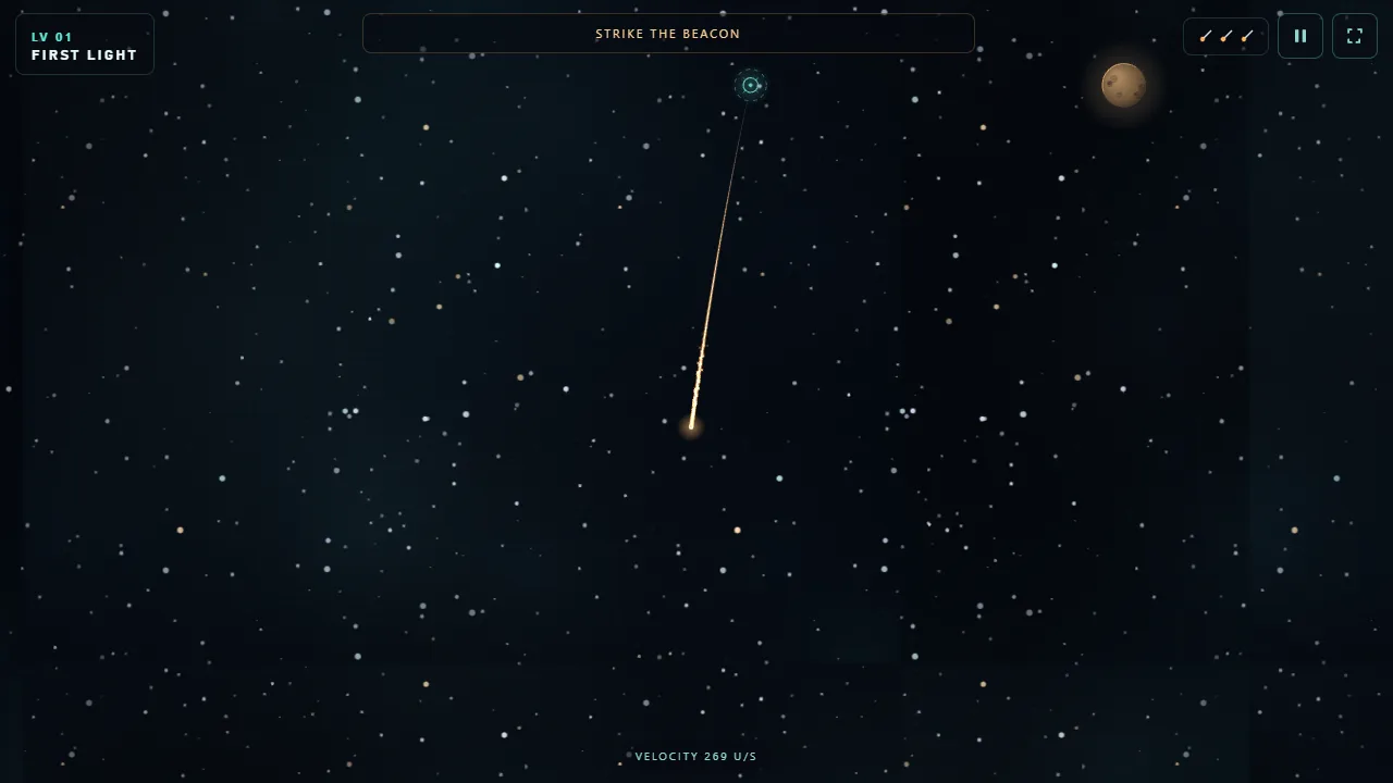 A shot curving through space after launch, trailing light as gravity pulls it off line.