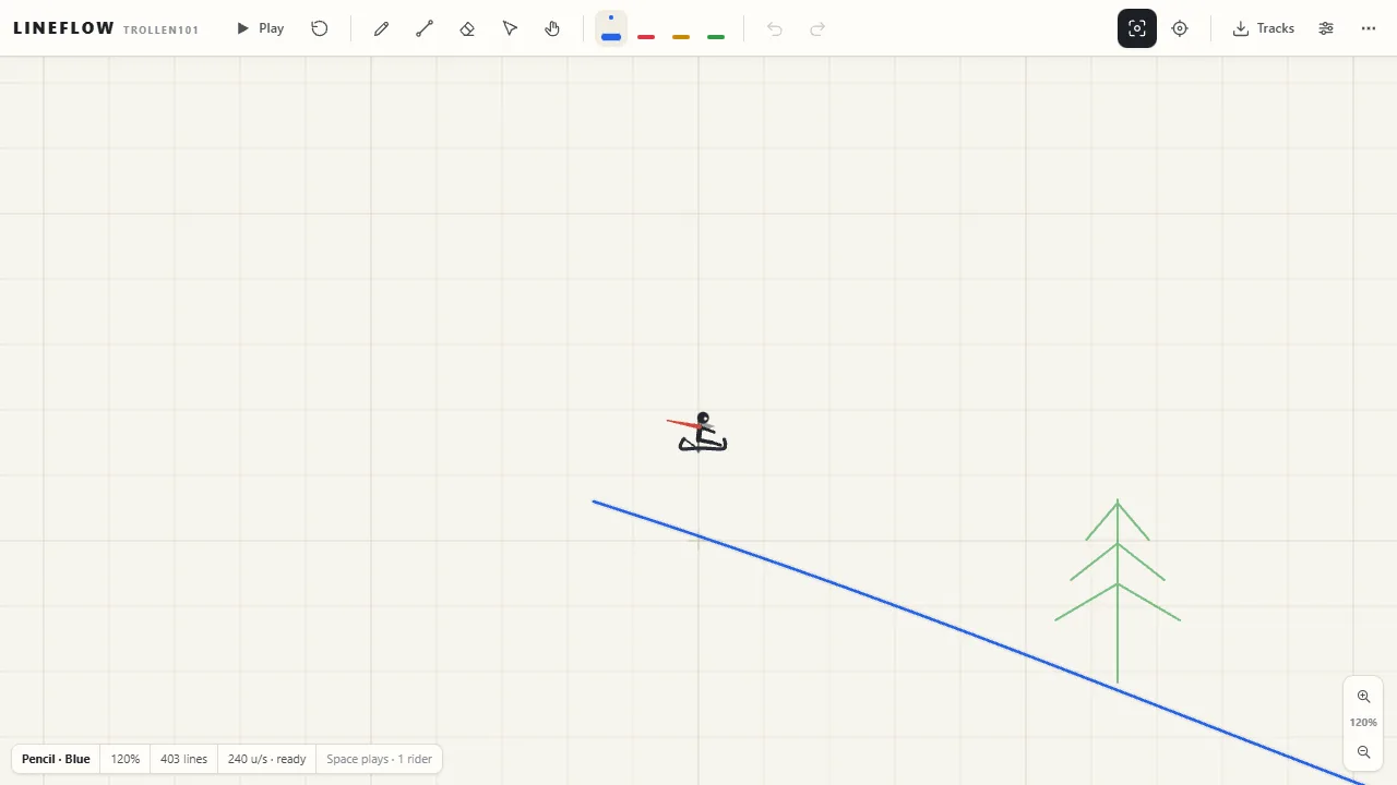 The Lineflow editor: a rider on a sled at the top of a single blue line drawn down a slope, with the drawing tools along the top.