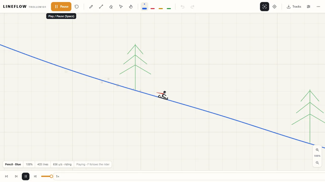 The rider sliding down the drawn line past a sketched pine tree, with the playback controls at the bottom.