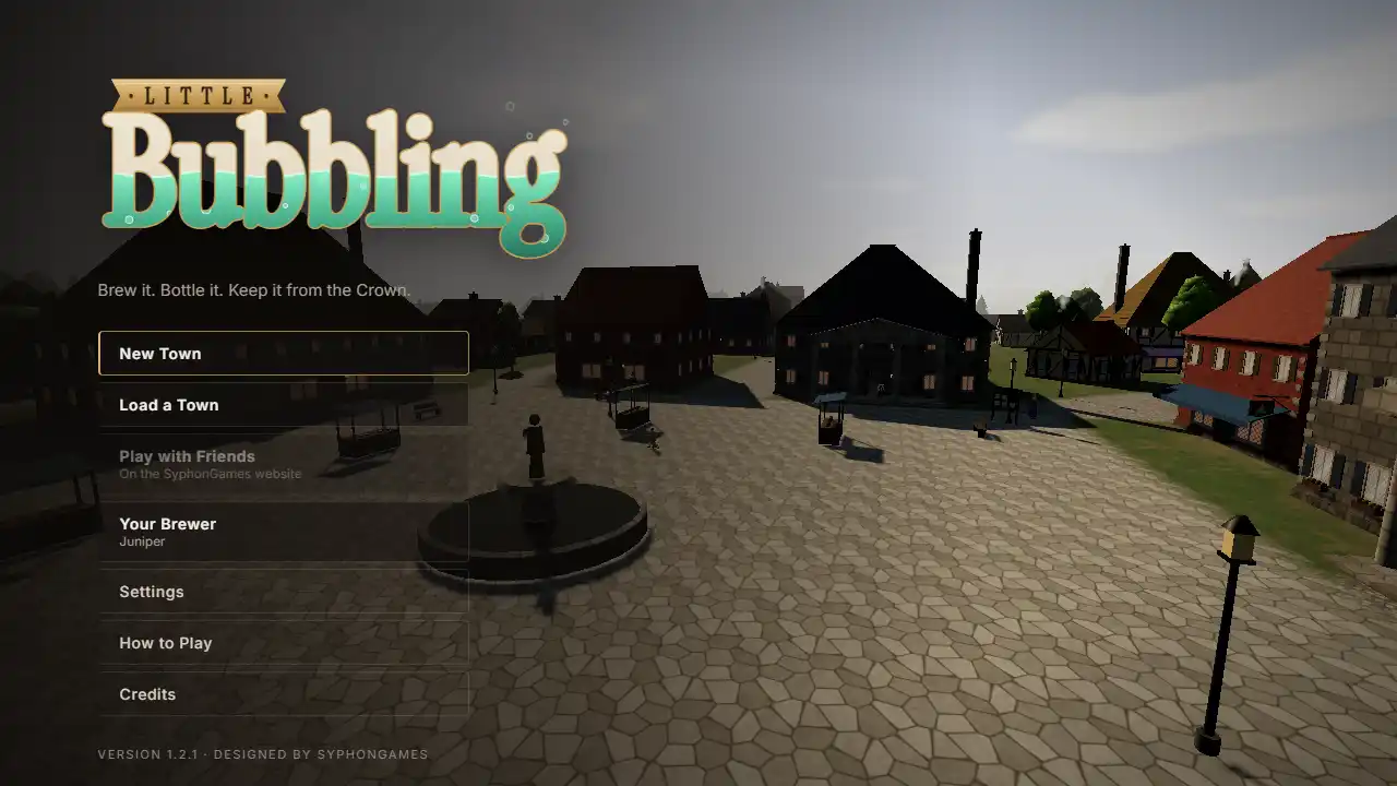 The Little Bubbling title over the cobbled market square: New Town, Load a Town, Play with Friends, Your Brewer and Settings.