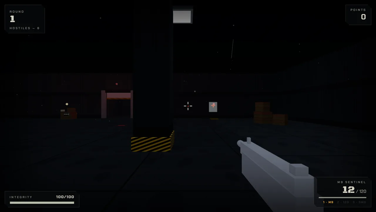 A first-person view down a dark corridor toward a hazard-striped doorway, rifle raised, with the round counter and ammunition on screen.