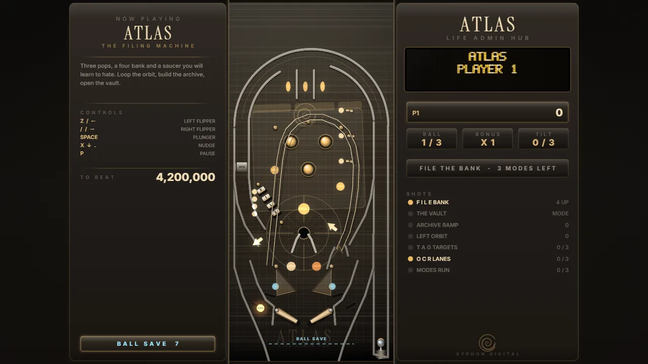 The ATLAS table, The Filing Machine: the full playfield in the middle, with the rules on one side and the score panel on the other.