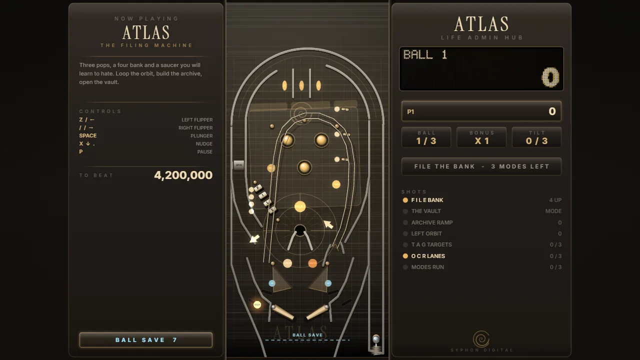 The first ball on the ATLAS table, with the bumpers lit and the score still at zero.