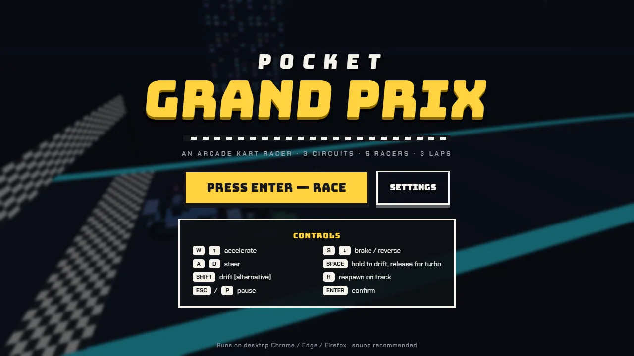 The Pocket Grand Prix title screen, with the Press Enter to Race button and a card listing the controls.