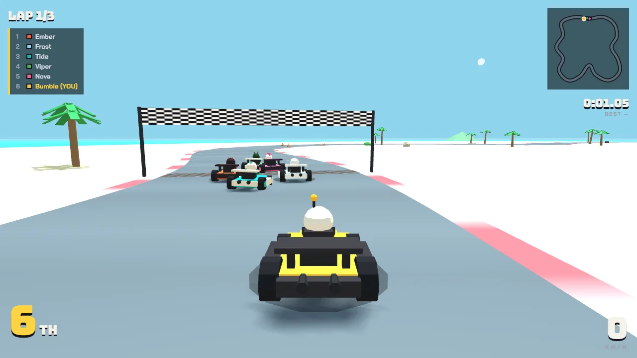 A black and yellow kart chasing the pack away from the start line on a snowy seaside circuit, in sixth place.