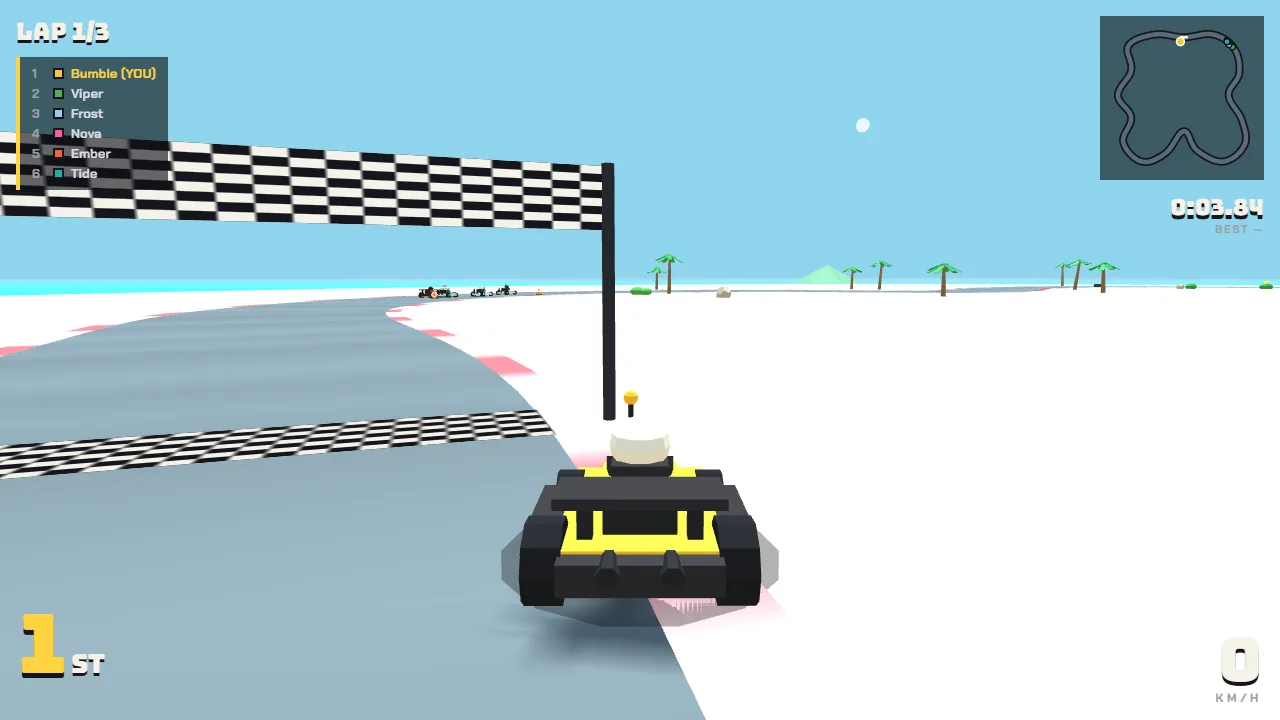 The same kart passing under the chequered banner in first place, with the track map in the corner.