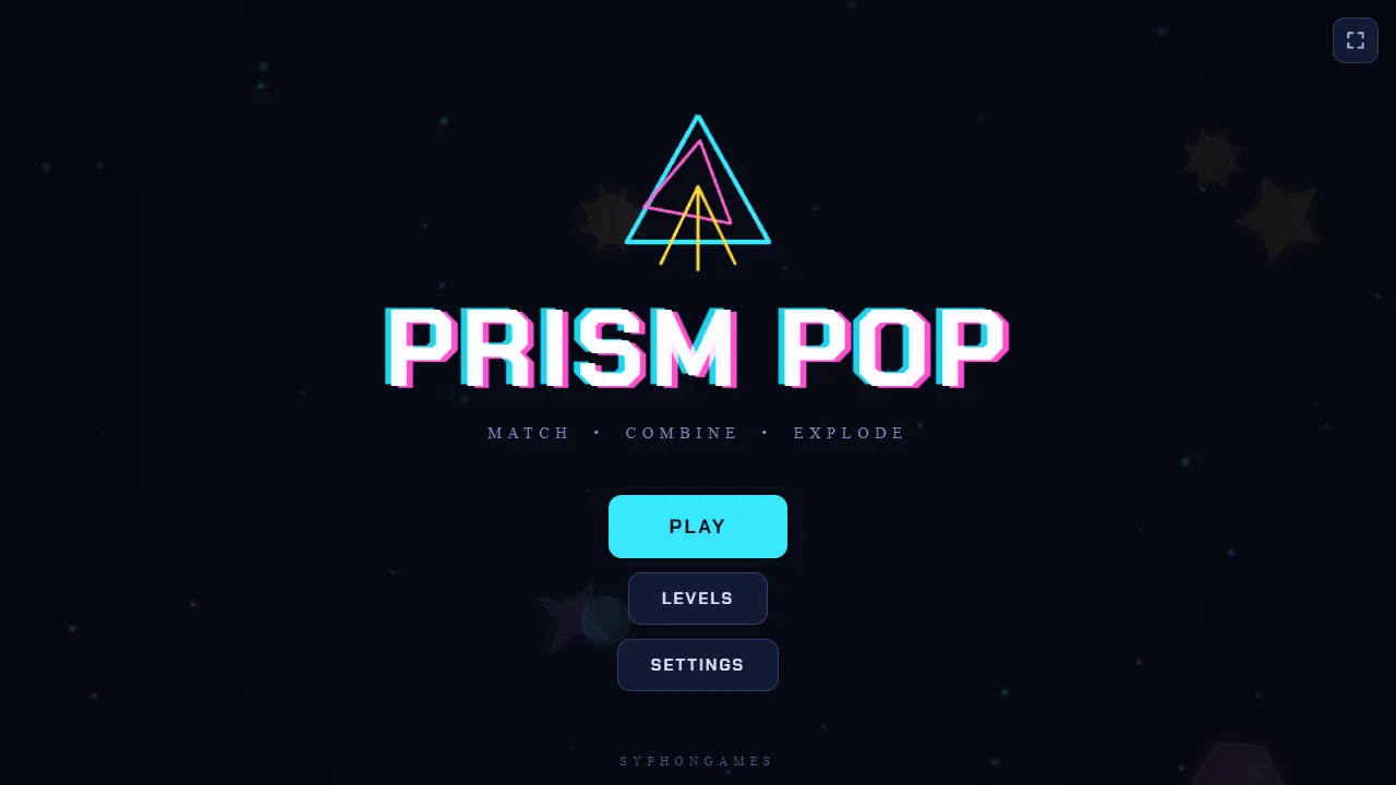 The Prism Pop title with its glowing prism logo, and Play, Levels and Settings.