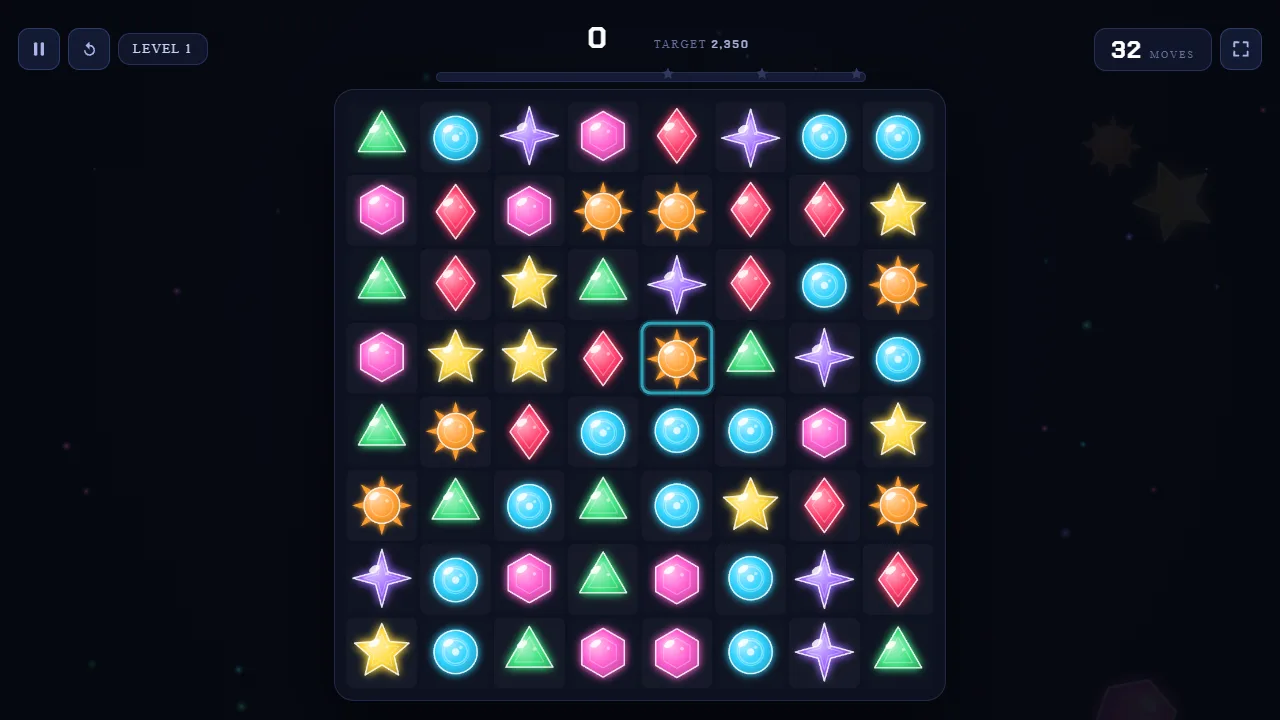 A level one board of coloured gems, triangles, stars, diamonds and circles, with the score and moves remaining above it.