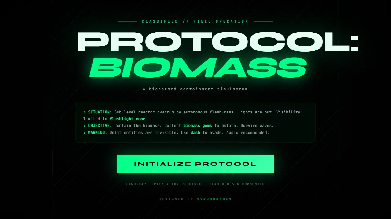 The Protocol: Biomass title, with a short briefing on the containment facility and the Initialize Protocol button.