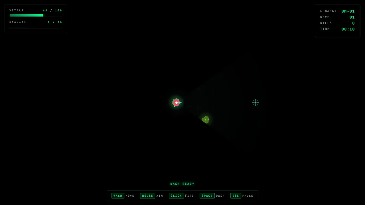 Wave 1 in the dark: the flashlight cone picks out a creature closing in, with vitals, biomass and the kill count on screen.