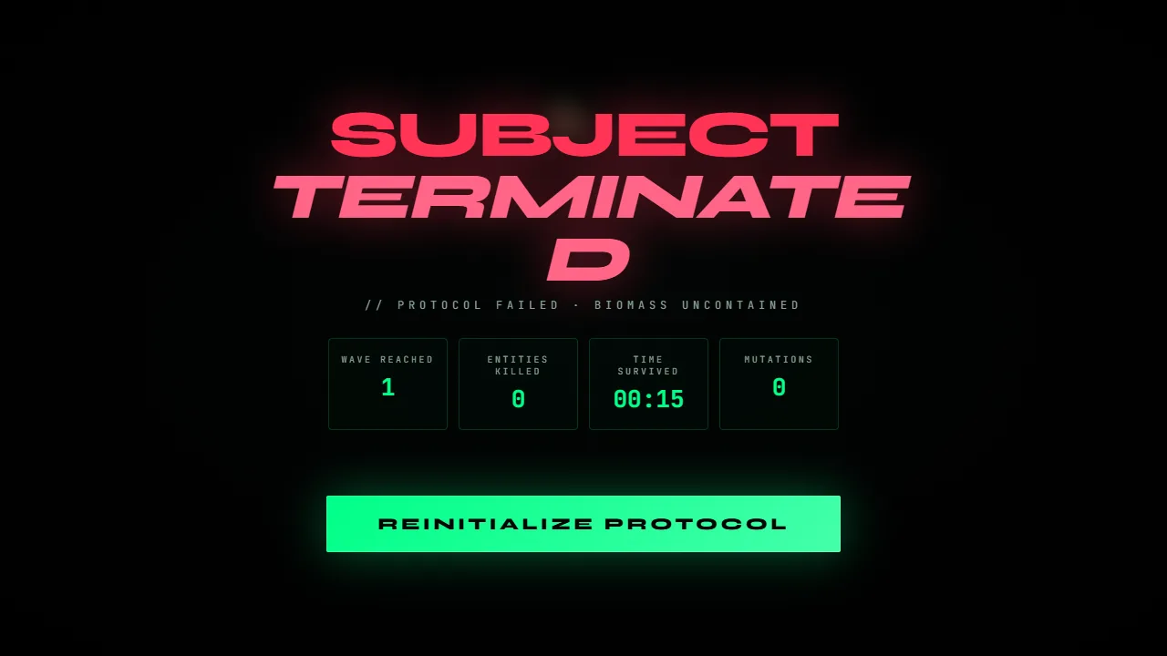 Subject Terminated: the end-of-run summary of the wave reached, entities killed, time survived and mutations, with Reinitialize Protocol.