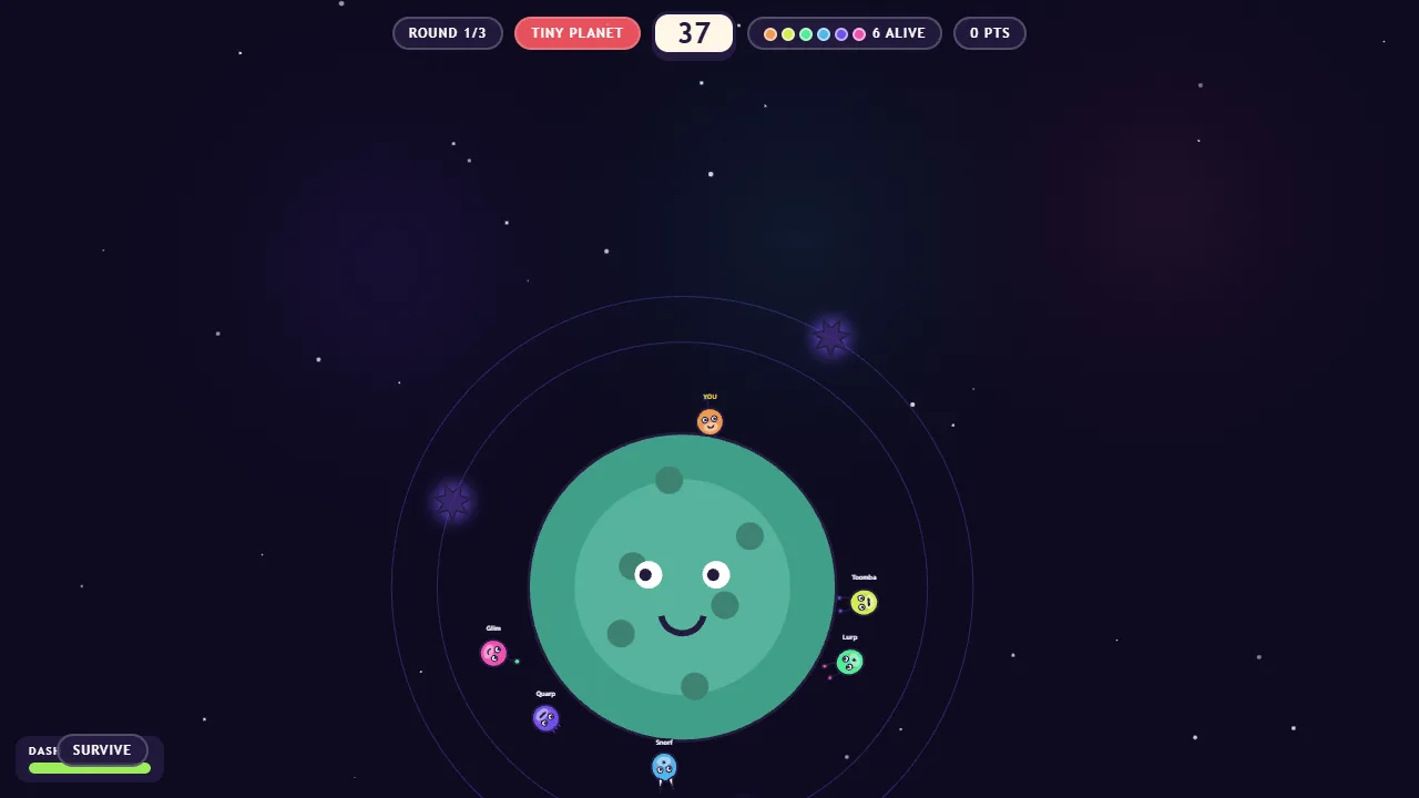 Round one on Tiny Planet: small riftlings run around a smiling green planet floating in space.
