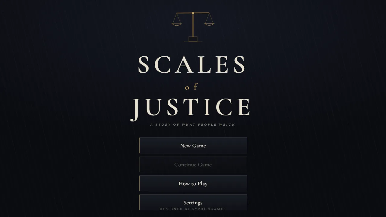 The Scales of Justice title under a set of scales, with New Game, Continue Game, How to Play and Settings.