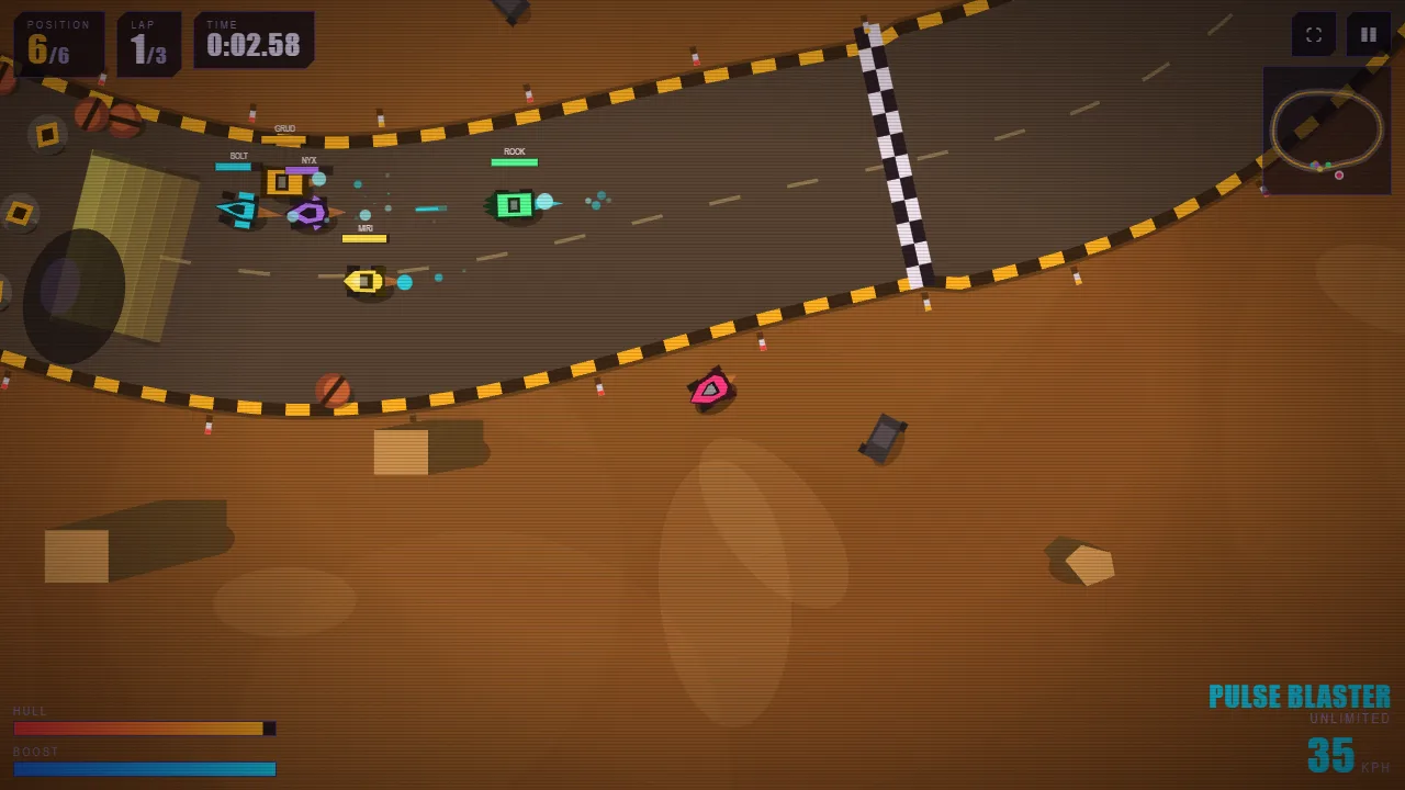 Top-down racing on a dusty dirt circuit, cars bunched at the chequered line, with the lap timer and a Pulse Blaster ready.