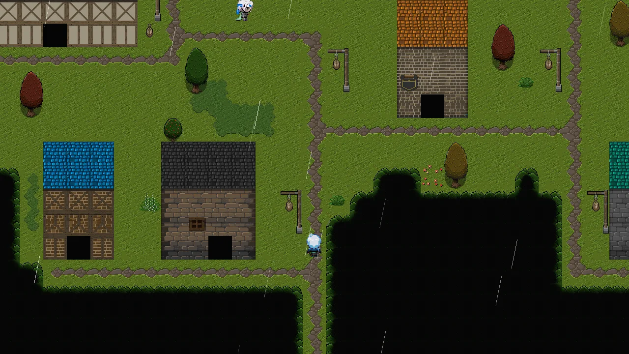 The village of Minke in the rain, seen from above: stone cottages, gardens and the paths between them.