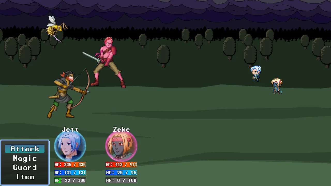 A side-view battle in the woods: Jett and Zeke against a giant bee and other creatures, with the Attack, Magic, Guard and Item commands and the party's health bars.
