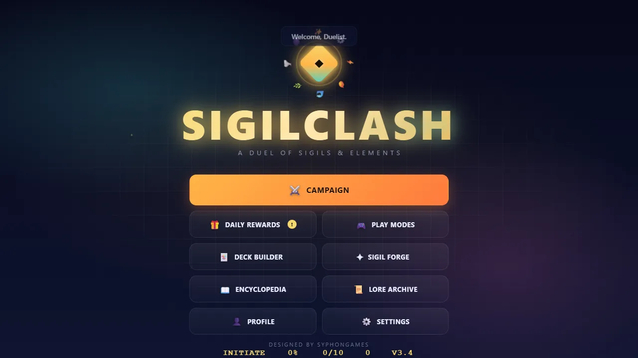 The Sigilclash main menu: Campaign, Daily Rewards, Play Modes, Deck Builder, Sigil Forge, Encyclopedia, Lore Archive, Profile and Settings.