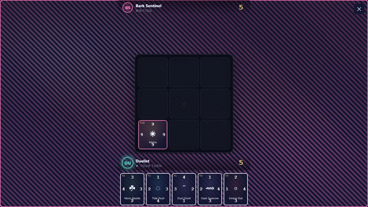 A quick duel against the AI: the three by three board between the two players, with your hand of sigil cards along the bottom.