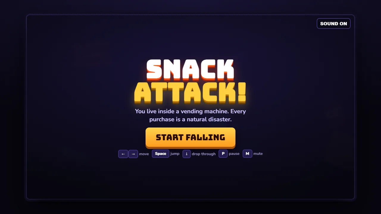 The Snack Attack title: you live inside a vending machine and every purchase is a natural disaster, with Start Falling.