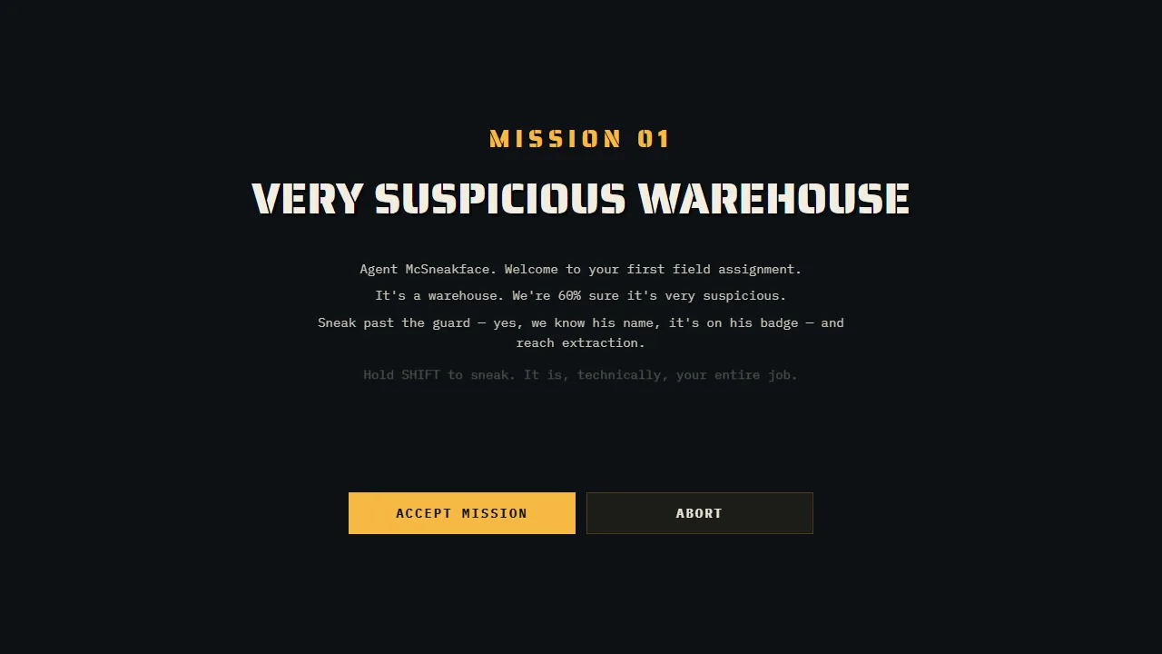 The briefing for Mission 01, Very Suspicious Warehouse, with Accept Mission and Abort.