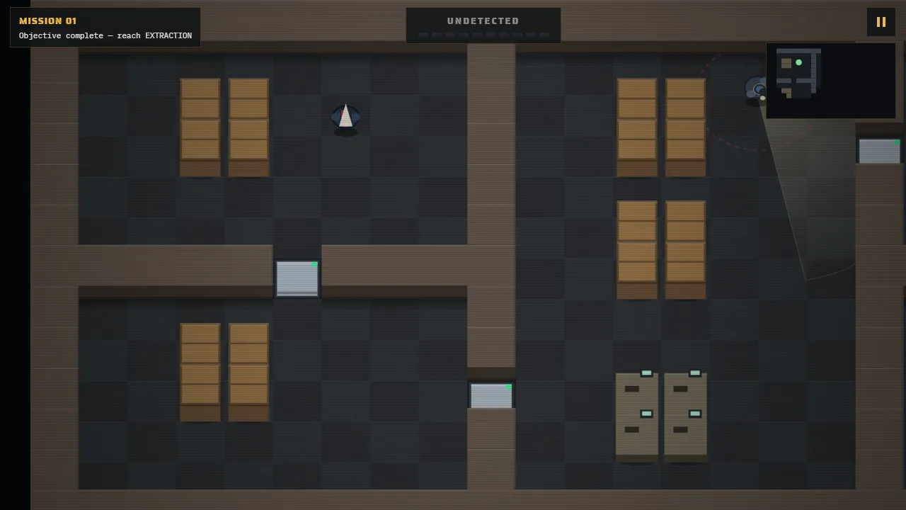 The first mission from above: rows of crates and corridors to sneak through, with the objective in the corner.