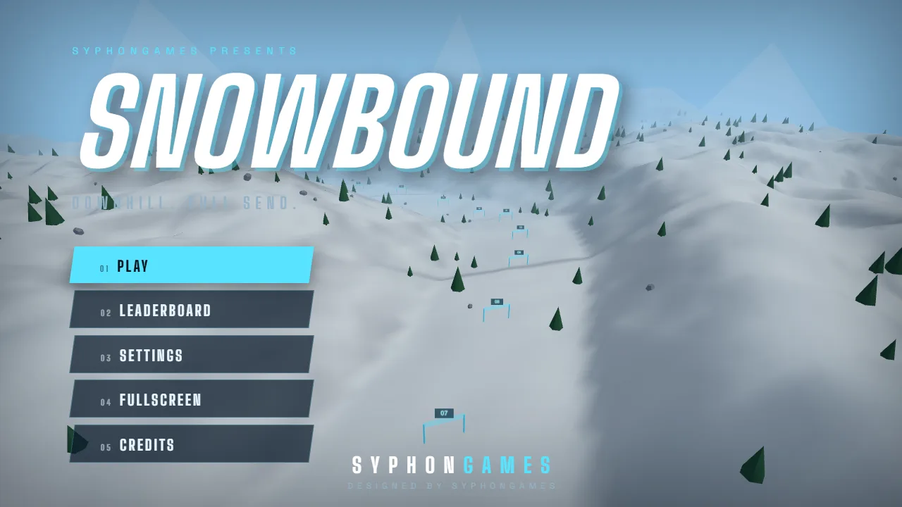The Snowbound title over a snowy mountain, with Play, Leaderboard, Settings, Fullscreen and Credits.