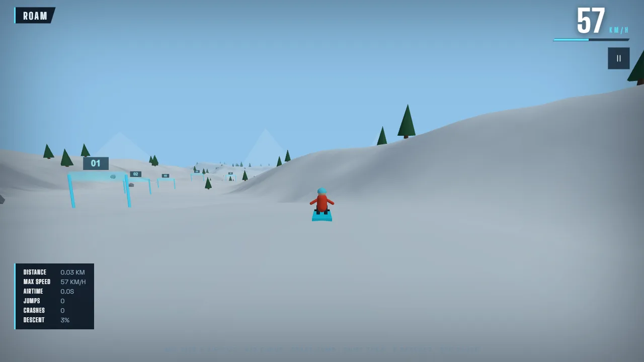 Free roam: a snowboarder in red carving down an open slope, with the run stats in the corner.
