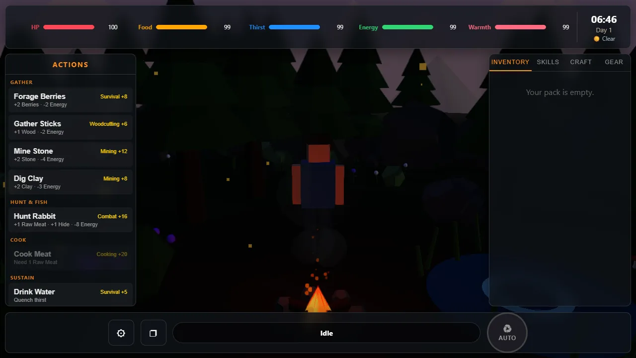 Night at the camp: a campfire in the forest, the list of actions such as foraging berries, gathering sticks and hunting, and the survival bars across the top.